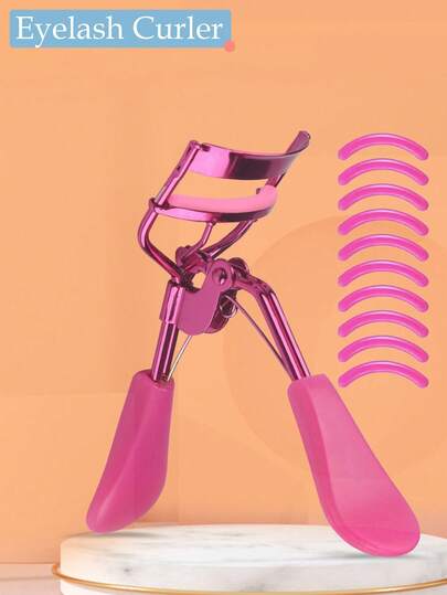 一套便携式睫毛夹，含10个硅胶垫，不伤睫毛，精准卷翘睫毛，男女通用，防过敏，无需电池/电源，内置梳子，延长睫毛卷翘度，打造更大眼睛。