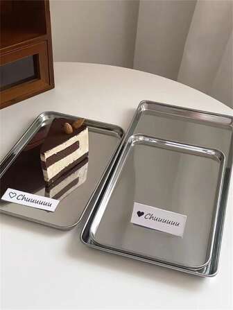 1pc Stainless Steel Rectangle Tray, Food Appetizer Cake Snack Drinks Platter, Metal Serving Tray For Cafe, Coffee Corner, Garden Party Back To School