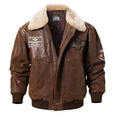 Avant-Garde - Biker Style Men's Real Leather Bomber Jacket With Removable Fur Collar Aviator
