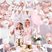14-Piece Rose Gold Birthday Decor Kit: Includes "Happy Birthday" Banner, Tinsel Curtain Backdrop, 3D Butterflies, Rose Gold Heart Foil Balloons, Star Foil Balloons – Perfect For Women's Birthday Parties, Bridal Showers & Bachelorette Decorations