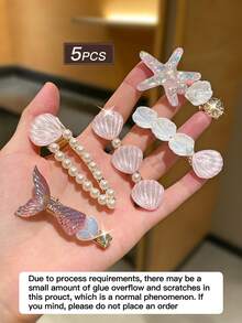 5 件/套女士粉色海洋元素发夹，带人造珍珠和水钻装饰的沙滩发饰，美人鱼风格大发夹，适合日常休闲和沙滩旅行，Y2K 配饰，夏季发饰套装，学校用品，粉色发夹，珍珠发饰