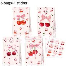 4/6/12/24pcs Cherry Print Gift Bags With Pink Bow - Cute Fruit Theme Paper Tote Bags, Perfect For Birthday, Party And Holiday Decoration, Indoor And Outdoor - Multicolor - View 1