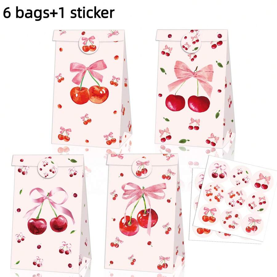 4/6/12/24pcs Cherry Print Gift Bags With Pink Bow - Cute Fruit Theme Paper Tote Bags, Perfect For Birthday, Party And Holiday Decoration, Indoor And Outdoor - Multicolor - View 1
