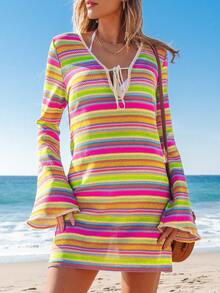 popvil Beach Rainbow Long Sleeves Front Tie Summer Knitted Cover Up - Multicolor - View 2