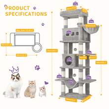 HEXCELEN Cat Tree, 67" Large Tall Cat Tower For Indoor Cats, Multi-Level Cats House With Condo, 8 Scratching Posts, Hammock, 4 Pom Poms, Light Grey - Màu Xám nhạt - Xem 8