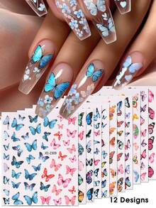 12片/套彩色蝴蝶美甲贴纸，蓝粉渐变蝴蝶美甲贴花，自粘式美甲贴纸，适合夏季DIY美甲装饰 - 彩色 - 查看 3
