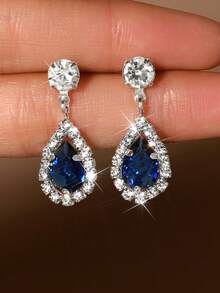 Classic Navy Blue Teardrop Cubic Zirconia Drop Earrings, Elegant Party/Formal Dress Jewelry Accessories For Women - Royal Blue - View 3
