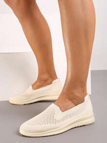 Slip-On Sneakers With Flat Sole And Perforation - Beige - View 2