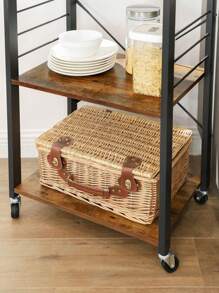 Kitchen Shelf On Wheels, Serving Trolley With 3 Shelves, Microwave Shelf, For Mini Oven, Toaster, With 6 Hooks, Industrial Style, Rustic Brown And Black