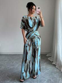 2 Pieces Casual & Elegant Random Print Short Sleeve Shirt & Long Pants Suit, Suitable For Home And Office, Summer - Blue - View 4