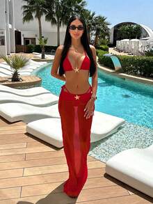 Polovedo 官方新款春夏优雅性感纯红色海星三件套比基尼，女士沙滩度假派对约会装 - 紅色 - 查看 1