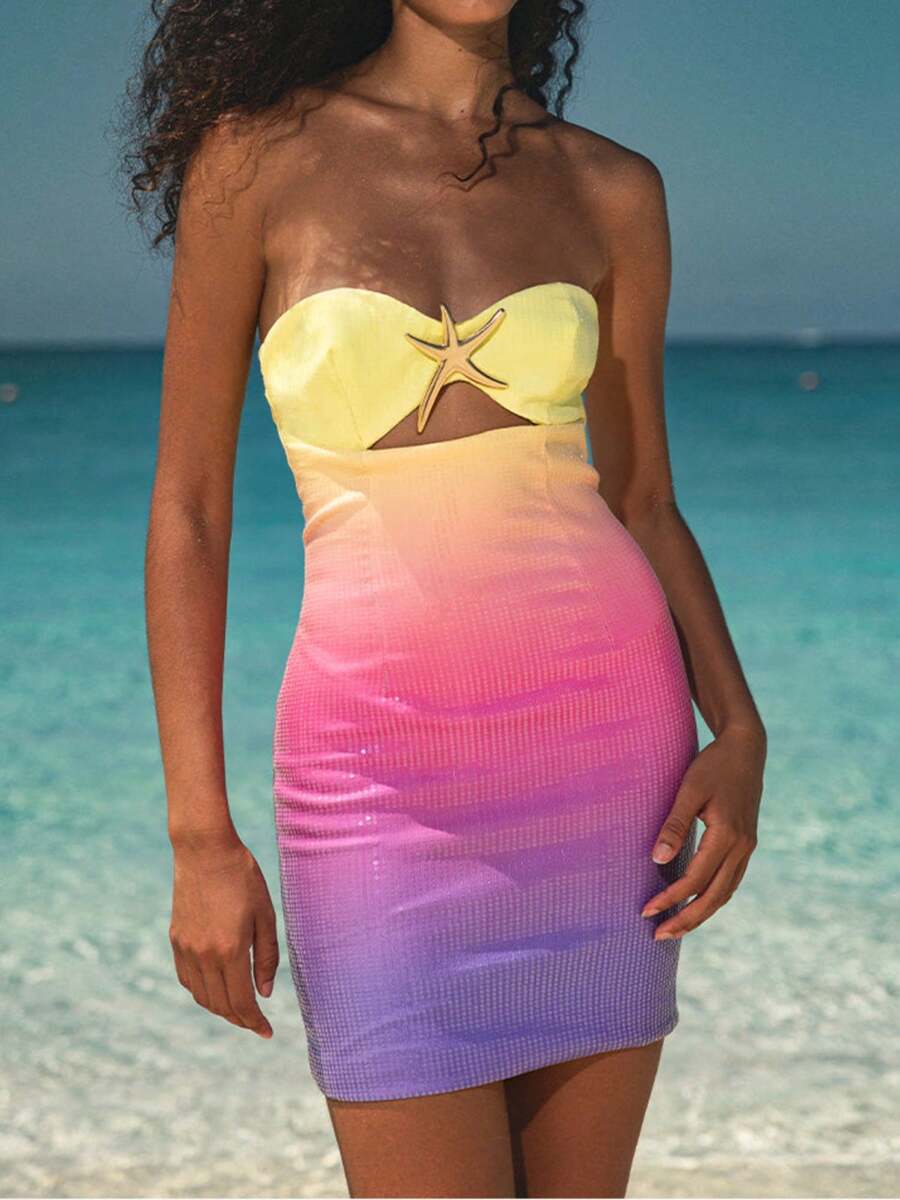 Women Starfish Sequin Mini Dress Glitter Tank Short Dress Off Shoulder Sparkle Sleeveless Bodydon Dresses Beachwear Sundress - 紫色 - 查看 1