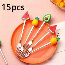 3pcs-Cute Cartoon Fruit Fork Set, Stainless Steel, Multiple Colors, Perfect For Desserts And Cakes, Kitchen And Cutlery,School Supplies