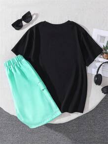 Boys Letter Print Short Sleeve T-Shirt And Woven Letter Patch Shorts Set