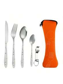 新款不锈钢便携式餐具套装，5件套，幸运星设计，户外旅行露营刀叉勺小勺礼盒套装，304不锈钢吉祥花卉5件套，含开罐器、开瓶器、西式牛排刀叉勺、创意收纳袋，户外便携套装 - 彩色 - 查看 6