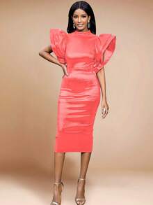 Shiny High Neck Ruffled Tiered Sleeves Midi Dresses For Women Elegant High Waist Formal Party Cocktail Dress,For Birthday, Wedding Guest, Graduation, Dinner, Homecoming