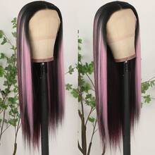 Purple Color Lace Front Wigs Pre Plucked Hairline Long Straight Wigs For Fashion Women Girls Party Daily Wear Glueless Dark Purple Lace Front Synthetic Wigs 13x4 Free Part Heat Resistant Fiber Hair 28 Inch 180% Density - 挑染粉色 - 查看 7