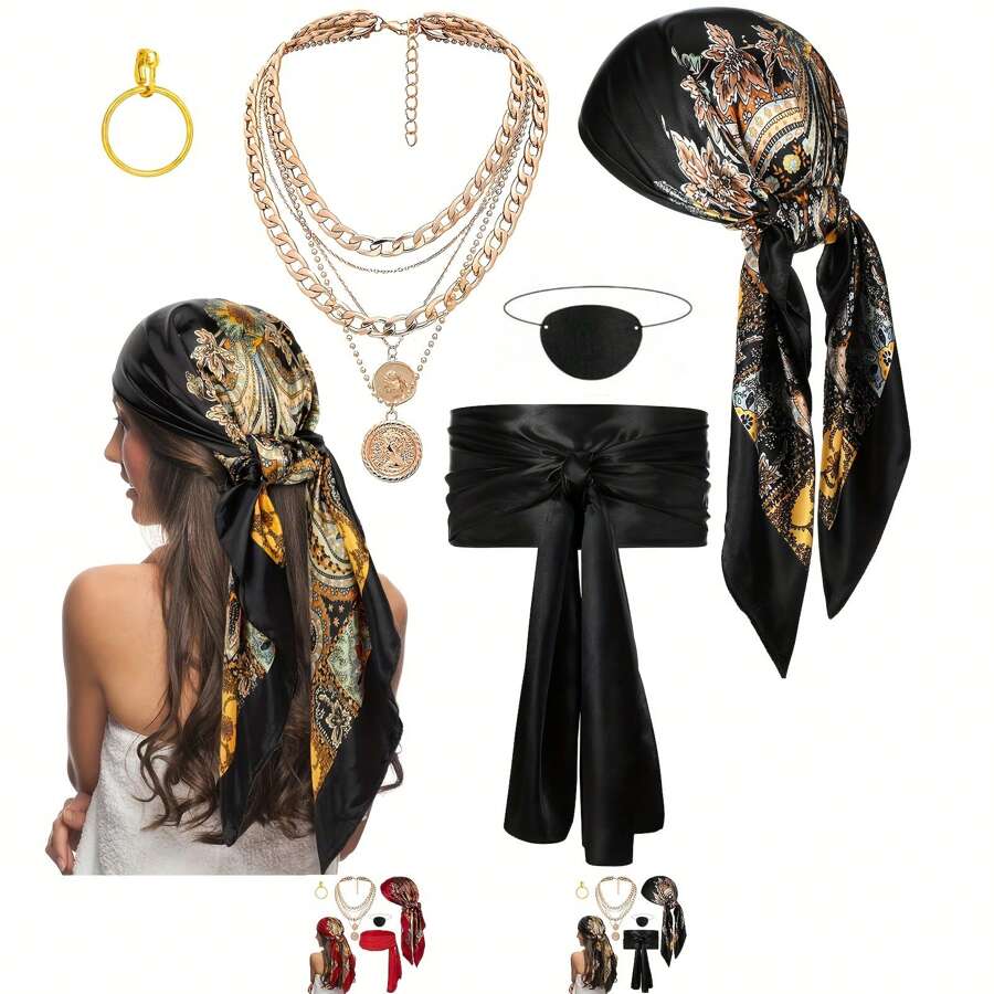 5pcs Pirate Costume Accessories Set - Pirate Party Style Decor, Including Pirate Hijab, Belt, Necklace, Eye Mask And Earrings, Perfect For Halloween, Pirate Navy-Themed Parties, Pirates Of The Caribbean,For Halloween Party Dressing Up