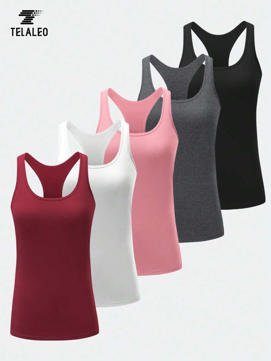 TELALEO 5 Packs Women's Round Neck Sporty Top, Workout Red Tank Tops,Mid-Stretch Solid Color Racer Back Women Tank Top Compression Shirt - Nhiều màu - Xem 1