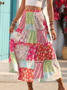 New Lightweight Floral Patchwork Pleated Skirt, Japanese Style Fresh Cute Ditsy Floral Summer Vacation Fashion Holiday Casual Skirt Suitable For Hawaii, Music Festivals, Ladies' Day Celebrations, Country Music Concerts, Graduation, Parties, Independence Day