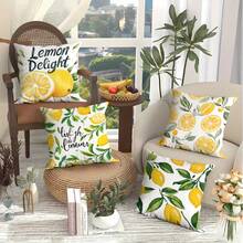 4 件套户外斜纹枕套舒适柠檬印花抱枕套 - 柔软舒适的床上用品，清新柑橘设计，适合家居装饰拉链闭合庭院沙发装饰 - 黃色 - 查看 3