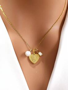 MECYLIFE 1pc Lovely Mom Gift Faux Pearl & Crystal Heart Initial Letter Necklace - Heart Letters - View 2