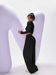 PinkTip Stylish Knit Two - Piece Set: Cropped Top & Wide - Leg Pants - Black - View 5