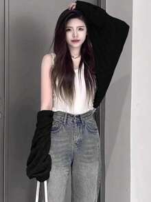 Cardigan Kasual Longgar Lengan Panjang Model Bahu Jatuh Warna Polos untuk Wanita - Hitam - View 7