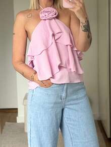 Women Tank Tops Solid Color 3D Flower Ruffles Tie-Up Halter Neck Casual Vests Summer Backless Sleeveless Tops Streetwear - 粉色 - 查看 4