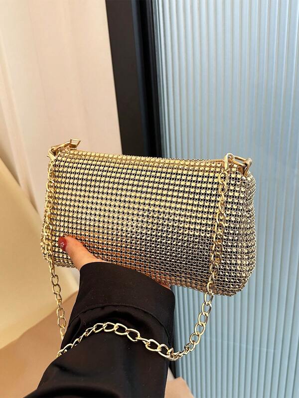Rhinestone-Decorated Chain Strap Shoulder Bag, Zipper Fashion Evening Clutch, High-Quality Underarm Bag