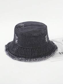 1pc Women's Ripped Fur-Edged Bucket Hat, Sun Hat, Personalized Street Travel Sun Protection Bucket Hat Suitable For Outdoor Travel And Daily Use - Hole Decoration - View 9