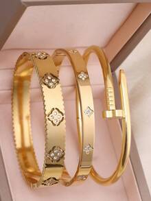 Fashion 18K Gold Plated Stainless Steel Floral Bangle Bracelets, Cubic Zirconia Inlaid, Waterproof, European Style Wrist Jewelry For Women, Casual, Wedding, Party, Valentine's Day Gift,Mom,Mother,Mother's Day,Gift - Five-leaf Clover Style - View 3