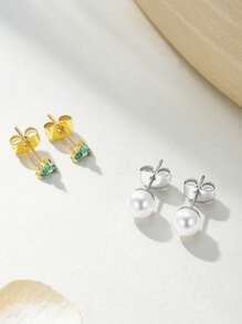 1 Pair Minimalist European And American Style Geometric Cubic Zirconia Stud Earrings, Silver Faux Pearl Earrings, Women Accessories For Daily Wear