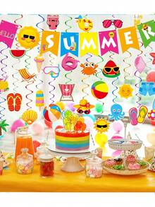 Set de decoración para fiesta de verano - 21 decoraciones para fiesta de playa y piscina, pancarta "Hola verano", colgante de playa y piscina, decoración en espiral con tema hawaiano, set de banderines en espiral de verano - Decoración para fiestas de cumpleaños, hogar, oficina y espacios al aire libre - Multicolor - Ver 5