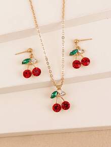 3pcs/Set Fashion Jewelry Set, Including Necklace And Earrings, Silver Tone Cherry Pendant With Rhinestones, Fruit Design Pendant With Rhinestones, Suitable For Ladies Everyday Wear - Multicolor - View 4