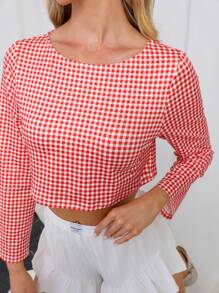 2Pcs Women Fashion Casual Cropped Top Colorblock Plaid Print & Ruffled Hem Shorts Set, Loungewear & Streetwear