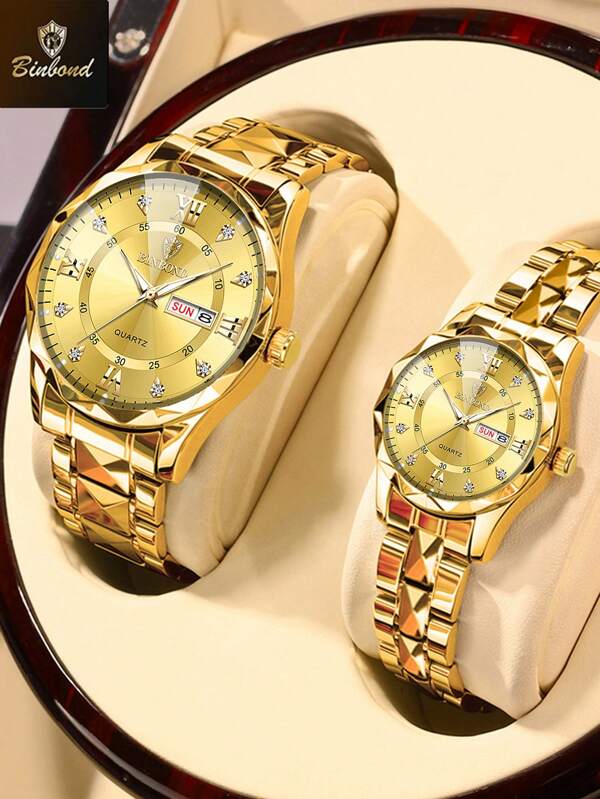 BINBOND BINBOND 2PCS Couple Quartz Watch Roman Numeral Fashion Stainless Steel Waterproof Men Wristwatch Women Lovers Watches Valentine's Day Gift For Lovers