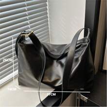 Black Minimalist Leather Shoulder Bag, Large Capacity