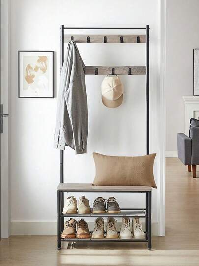 Coat Rack, Coat Stand With Shoe Storage Bench, Hall Tiree With Shoe Rack, 3-In-1 Design, Steel Frame, For Hallway, Entrance, 32 X 70 X 177 Cm, Modern, Grege And Black