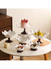 1pc Ceramic Bowl, Lotus Leaf Shaped With Solid Wood Base, Available In Multiple Sizes, Suitable For Desserts, Ice Cream, Salad, Fruits, Etc. Can Be Used In Kitchen, Living Room, Dining Room,School Supplies - White - View 7