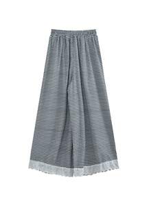 美式雪纺格子蕾丝花边阔腿裤女式裤裙，夏季新款宽松休闲7/8长裤 - 黑與白 - 查看 4