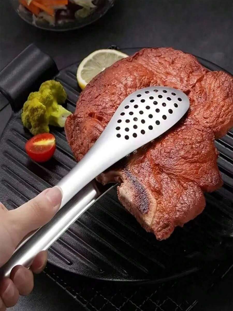 1pc Stainless Steel Food Tongs, Classic Silver Grilling Food Tongs For Kitchen - Silver - View 1