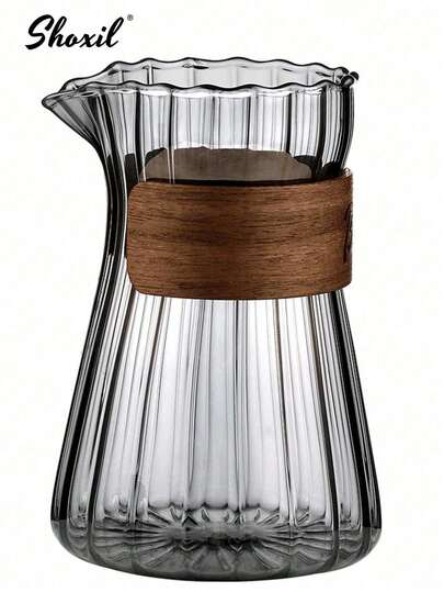 shoxil 1 Stück 500ml hitzefestes Glas Kaffeekanne, senkrechte Streifenoptik Borosilikatglas Kaffeeserver, Teekanne mit Holzgriff, Kaffeetasse, Teetasse