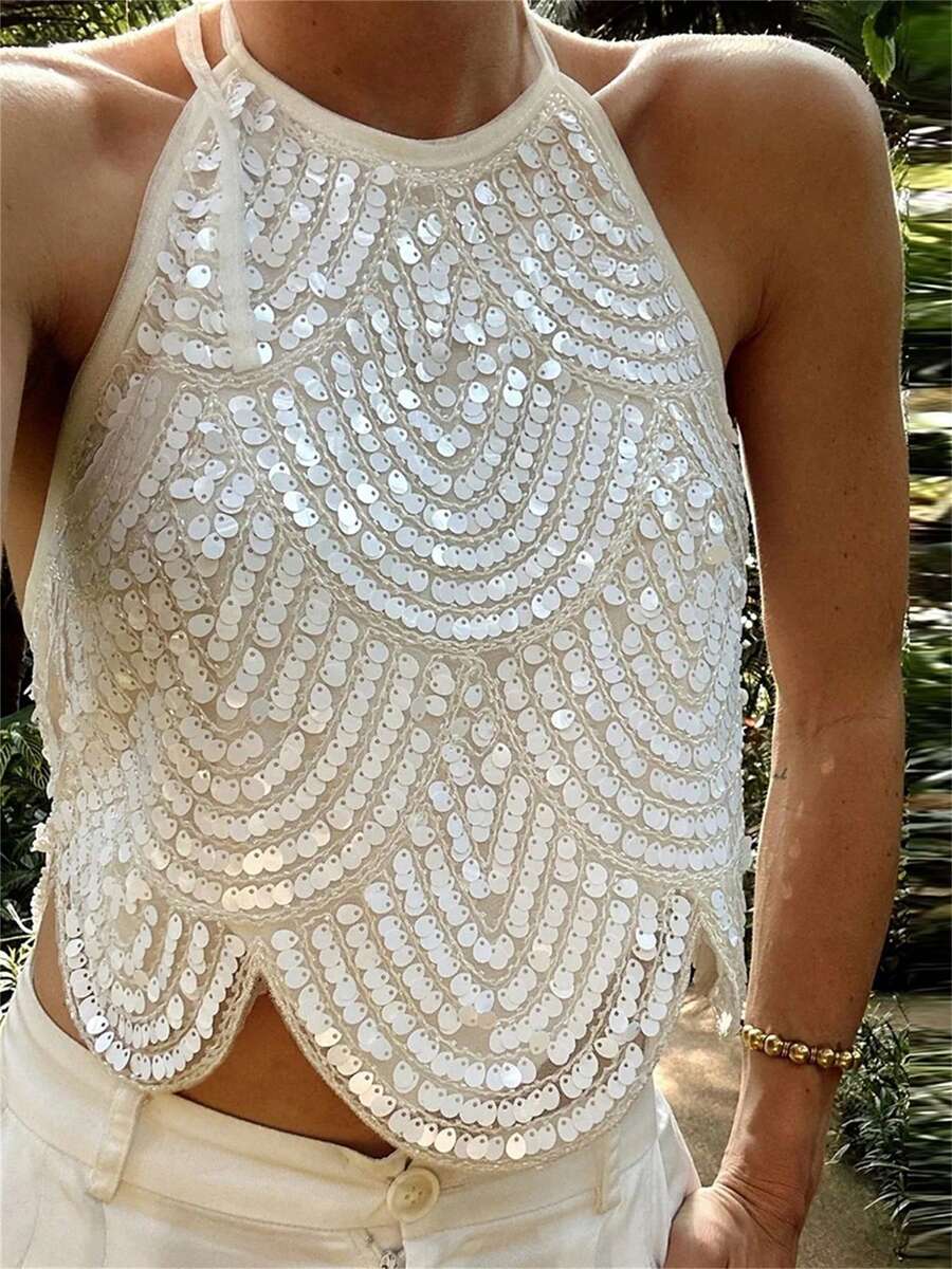 Women Halter Top, Tie-Up Sleeveless Tops Backless Sequined Summer Vest For Club Party - 白色 - 查看 1