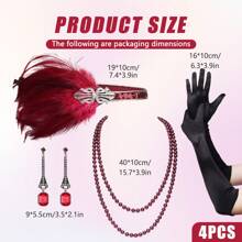 4Pcs Vintage Costume Set, Women's Black Tassel Feather Hairband Jewellery Set, Pearl Necklace With Rhinestone Earrings Lace Gloves Victorian Decoration, Party Prom Dress Decoration Accessories Halloween