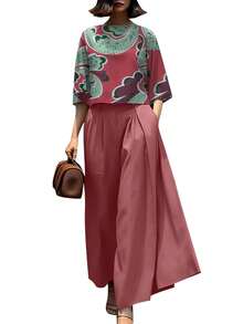 ZANZEA Elegant Women Floral Printed 3/4 Flare Sleeve Tops T Shirt Wide-Leg Long Pants Palazzo Trousers Summer Holiday Casual 2pcs Sets Outfits - 粉色 - 查看 2