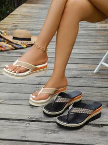 Women's Contrast Color Webbing Toe Strap Thick Sole Summer Beach Vacation Casual Wear Comfortable Versatile Half-Sling Sandals - Beige - View 9