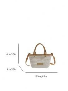 Bolso de mujer tejido, pequeño monedero de paja tejido con estilo, bolso con patrón de letras y ribete de color contrastante, con correa para el hombro larga y bandolera