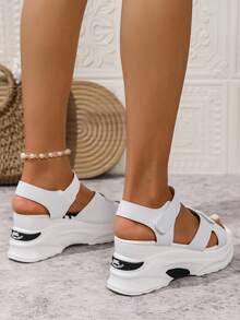 Sports Style Women's Sandals, 2025 Summer New Rhinestone Hook-And-Loop Open Toe Thick Bottom Wedge Sandals - White - View 5
