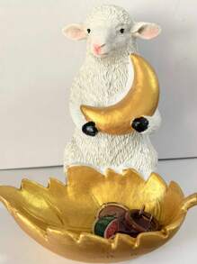 1 pièce Plateau décoratif en résine de style moyen-oriental avec une feuille dorée de mouton étreignant la lune, décoration pour la maison, décoration de l'Aïd al-Adha, rangement de bijoux, article de fête, figurine en résine
